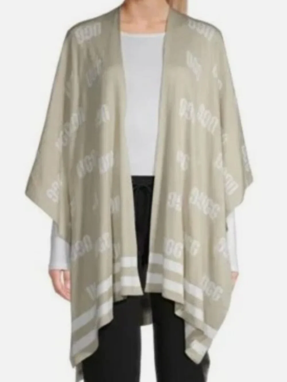 UGG GRAPHIC LOGO RUANA DRAPE PONCHO ONE SIZE SAND MULTI WOOL KNIT BLEND
